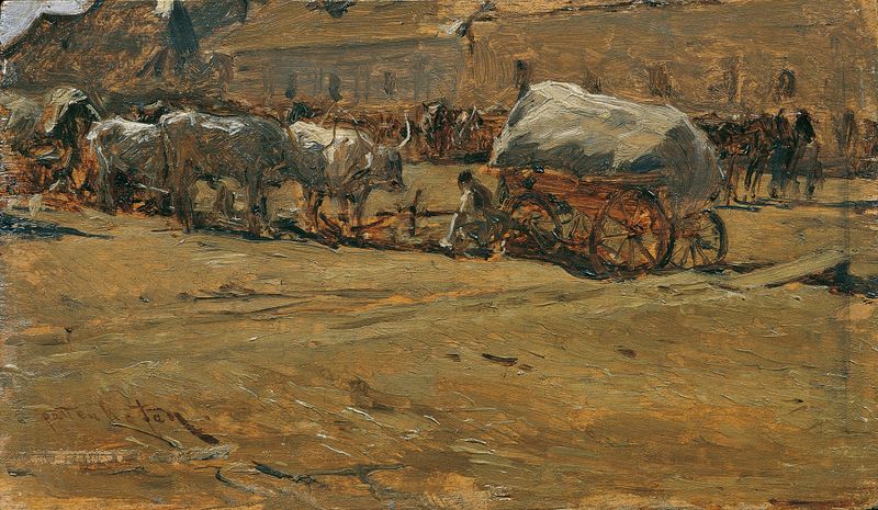 Ungarische Ochsengespanne de August von Pettenkofen, pintura a óleo mostrando bois em uma estrada empoeirada.