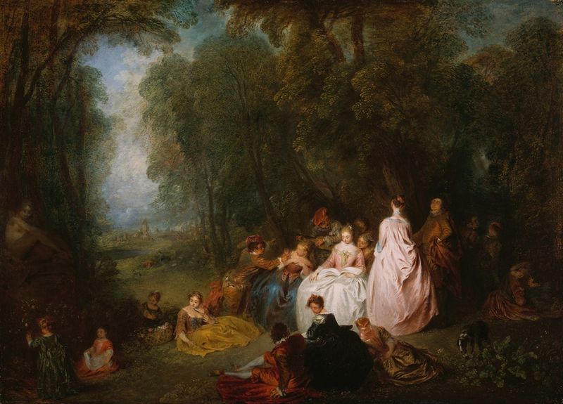 Pastoral gathering with soft light, oil on panel by Jean Antoine Watteau