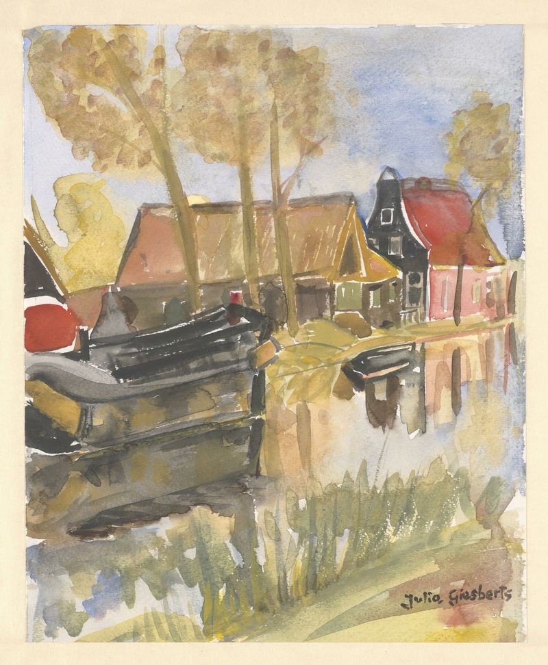Huizen en boot aan water by Julia Giesberts, impressionism, landscape with houses and water reflections.