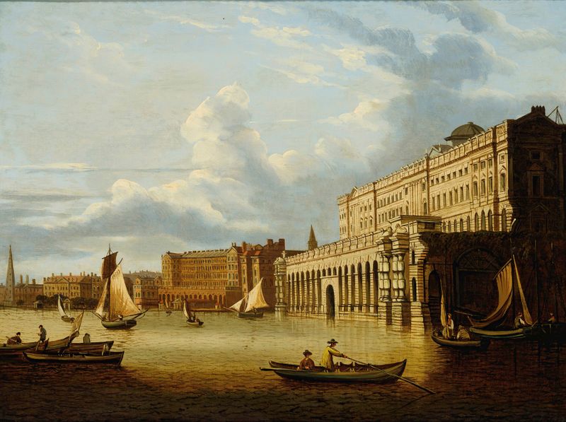 Landscape of Somerset House with river and morning light, oil on canvas by Follower Of Sir John Dean Paul