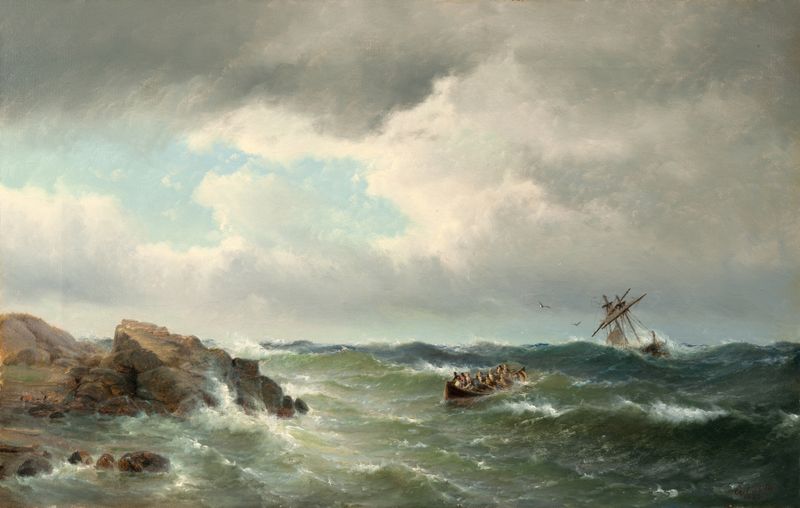 Seascape de Carl Bille, pintura al óleo que representa olas y una costa escarpada