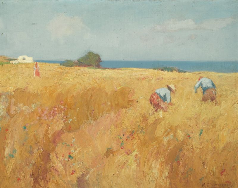 Landscape with earthy tones and clouds, oil painting by Michalis Oikonomou