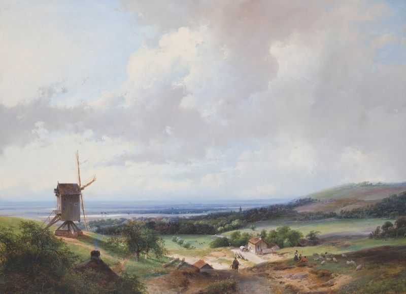 Paisaje con pastores y un jinete junto a un molino, pintura al óleo de Andreas Schelfhout