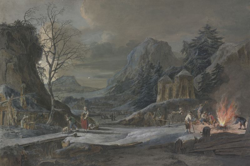 Winter landscape with moonlight and villagers by Bernhard Hendrik Thier, oil painting