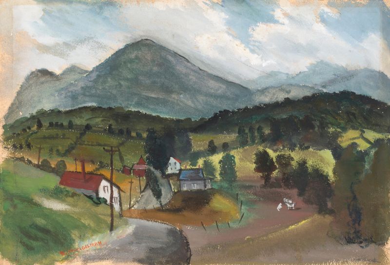 Catskill Valley de Beatrice Mandelman, óleo sobre tela retratando uma paisagem vibrante com colinas e cores profundas.