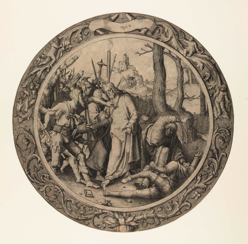 Grabado de Lucas van Leyden que representa a Judas traicionando a Cristo.