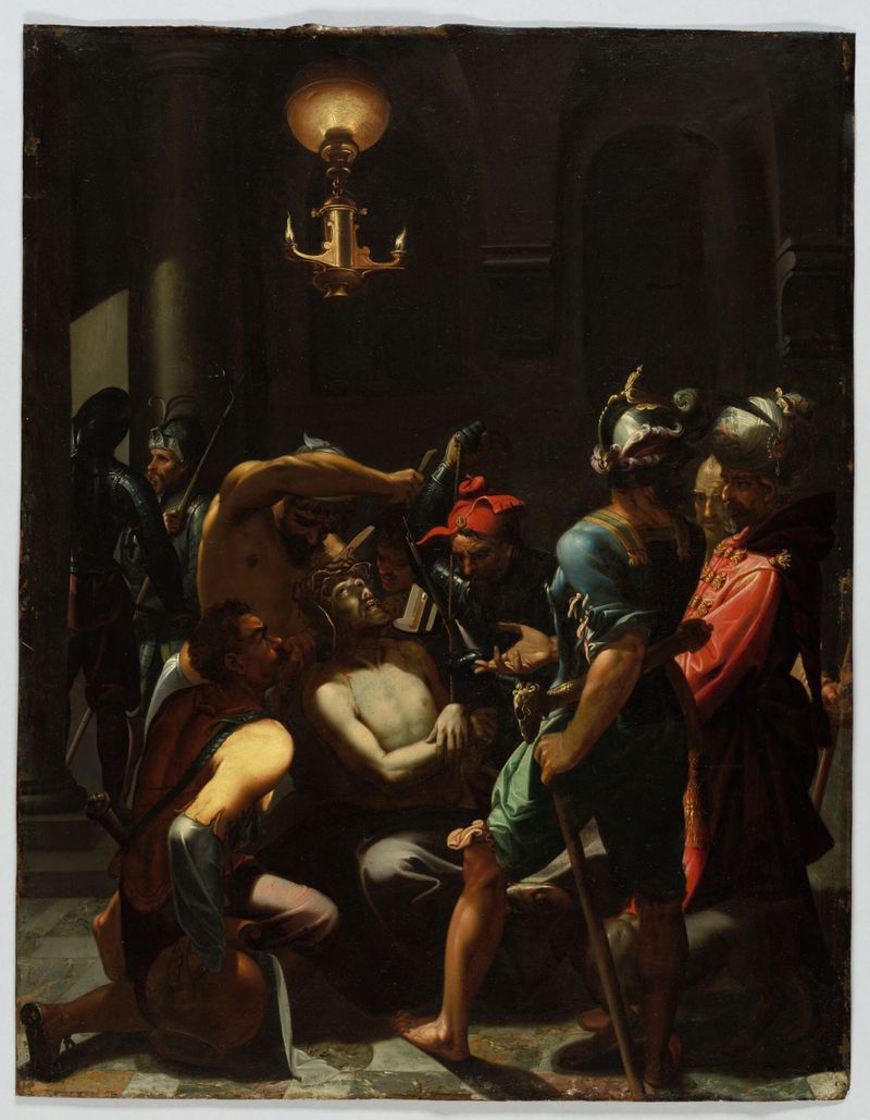 Cristo Coronado de Espinas, óleo sobre cobre de Aert Mytens, que muestra angustia con luz y sombra dramáticas.