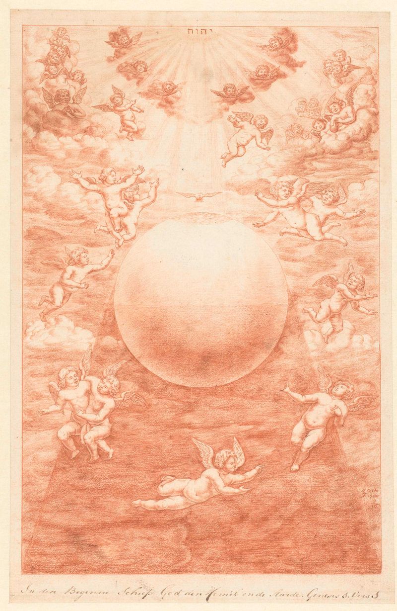 Representação religiosa da criação com nuvens por Herman Coets, 1700, papel