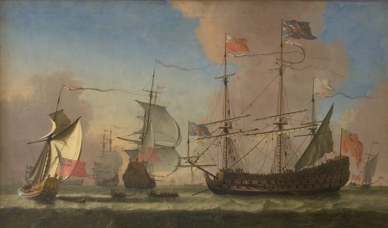 Oil on canvas by Jan Karel Donatus van Beecq depicting warships at sea