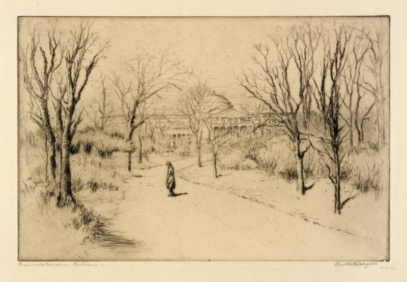 Rosenwald Museum–Autumn, aquarela sobre papel de Bertha Jaques, retratando folhas de outono vibrantes.