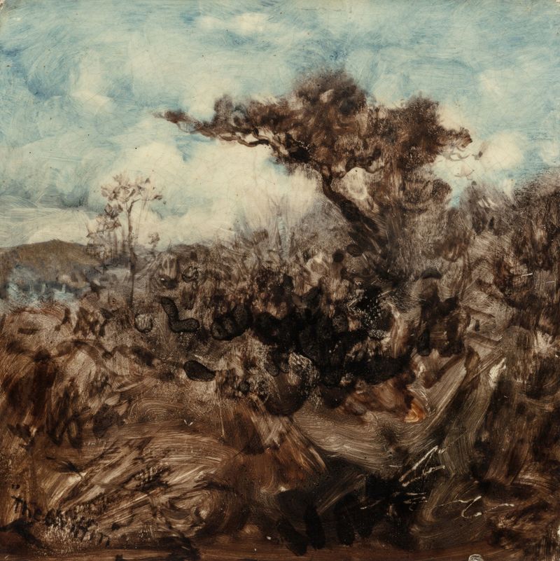 Figure in tree, oil painting by Robert Swain Gifford, depicting a figure among branches.