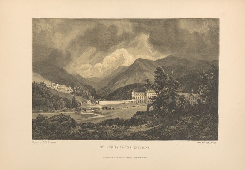 Paisaje romántico de St. Moritz por Theodor Gsell Fels, con nubes pasteles y montañas.