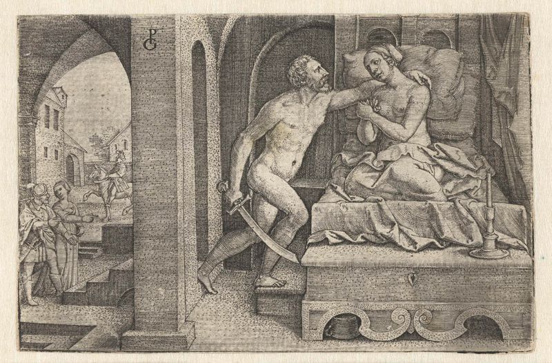 Gravura de Georg Pencz retratando Lucrécia em angústia com uma espada.