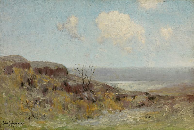 Impressionist oil painting by Julian Onderdonk depicting a rocky hillside and tranquil pool.
