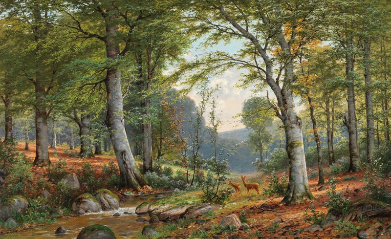 Roe deer in a wooded landscape, oil painting by Jacobus Johannes van Poorten