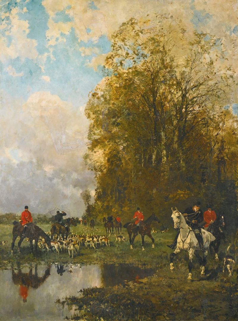 Veneurs Rameutant Leurs Chiens by René Princeteau, oil painting of hunters on horses with dogs in a muted landscape.