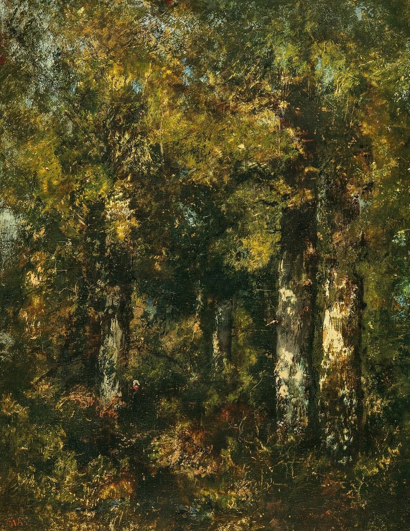 In the Forest of Fontainebleau, oil painting by Narcisse-Virgile Diaz de La Peña, depicting a lush forest scene.