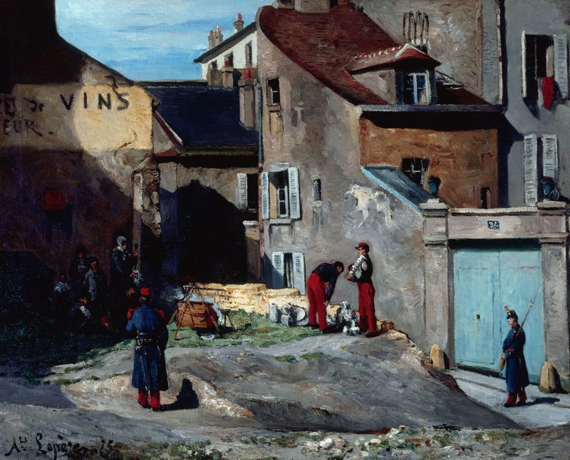 Cena de gênero de uma rua movimentada em Montmartre, pintura a óleo de Auguste Louis Lepère