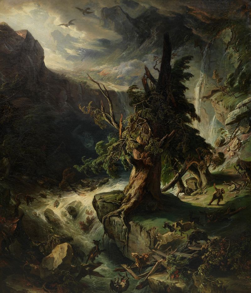 Rübezahls Walten im Riesengebirge by Daniel Fohr, oil painting depicting a lush landscape with roots and hills.