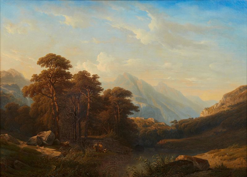 Landscape by François Diday featuring calm water and Swiss Alps, oil painting.