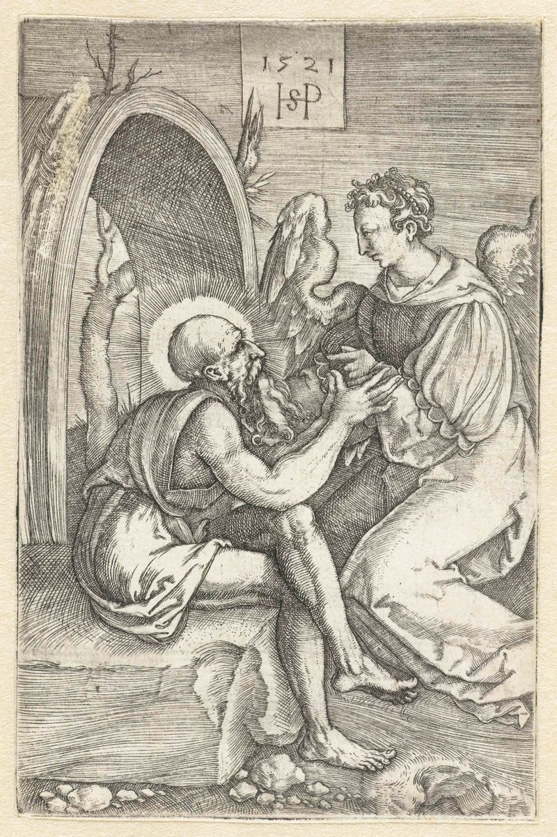 Gravura de Hans Sebald Beham retratando Santo Jerônimo conversando com um anjo.