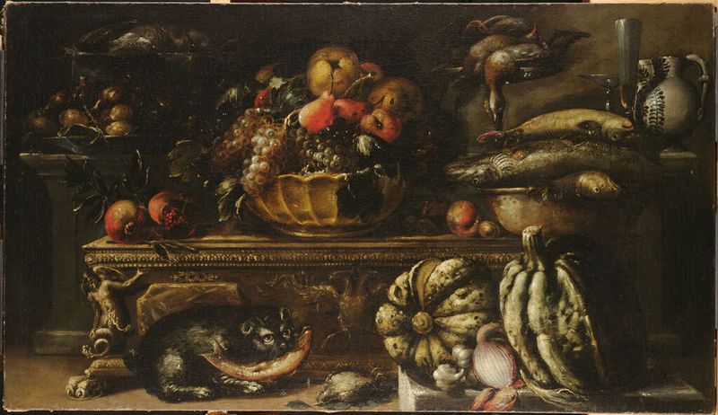 Still Life with Cat, óleo sobre tela de Agostino Verrocchi, apresentando frutas, flores e um gato relaxado.