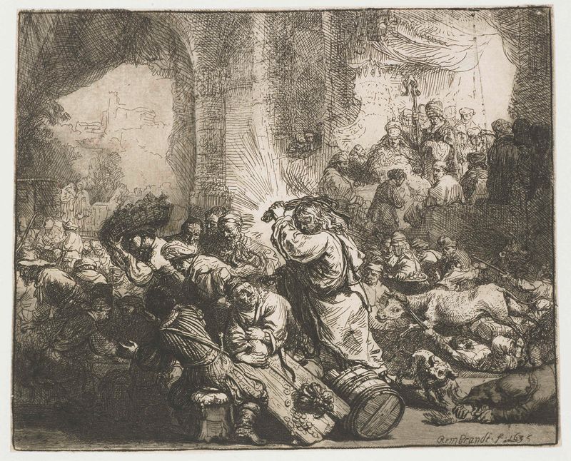 Cristo expulsando os cambistas do templo, gravura de Rembrandt van Rijn