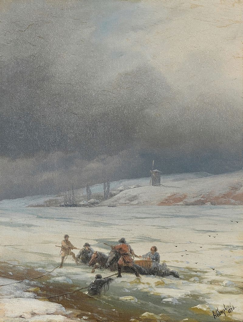 Hauling a Horse and Cart out of the Ice, oil painting by Ivan Konstantinovich Aivazovsky