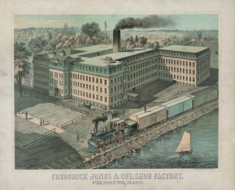 Genre scene depicting a shoe factory, machinery, by John H. Bufford's & Sons