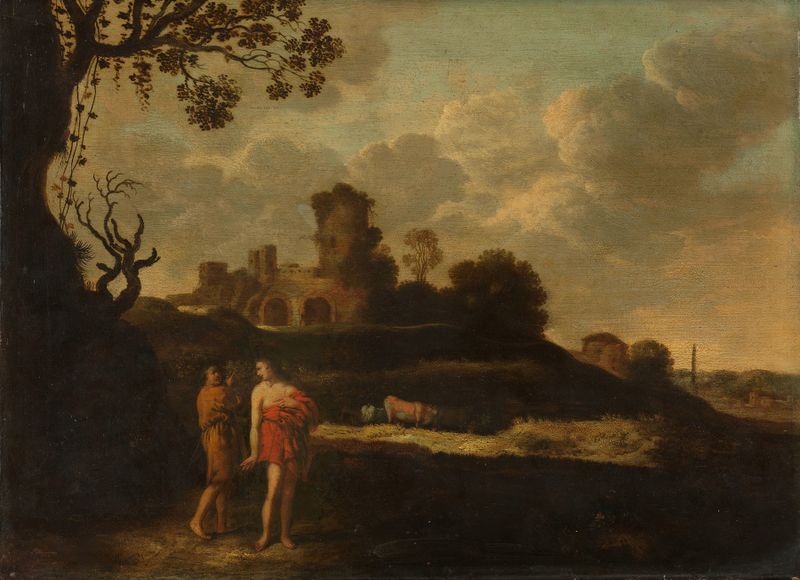 Arcadian landscape with herdsmen and cattle, oil on canvas by Dirck Dalens