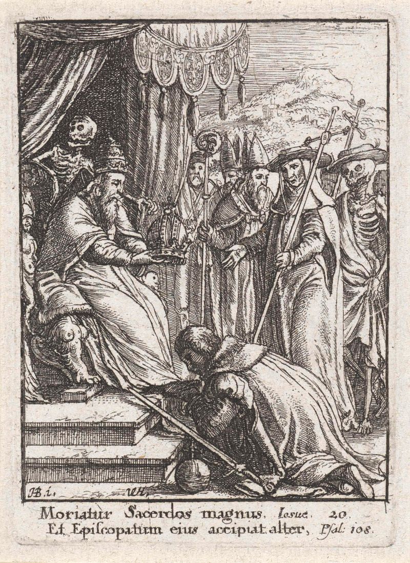 Gravura de Wenceslaus Hollar retratando um papa em vestes ornamentadas, explorando a mortalidade.