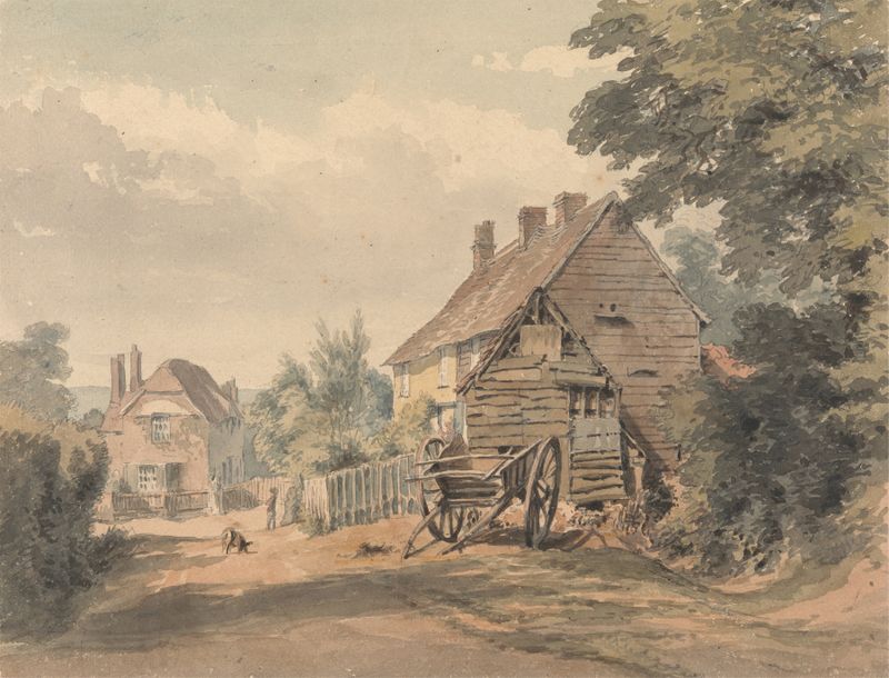 Watercolour by William Henry Hunt depicting a village street with cobblestones and trees.