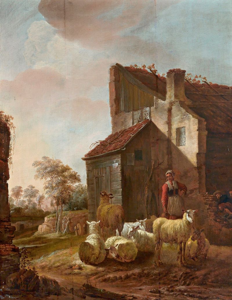 Woman with sheep at Brederode castle ruins, oil painting by Jan Baptist Wolfaerts