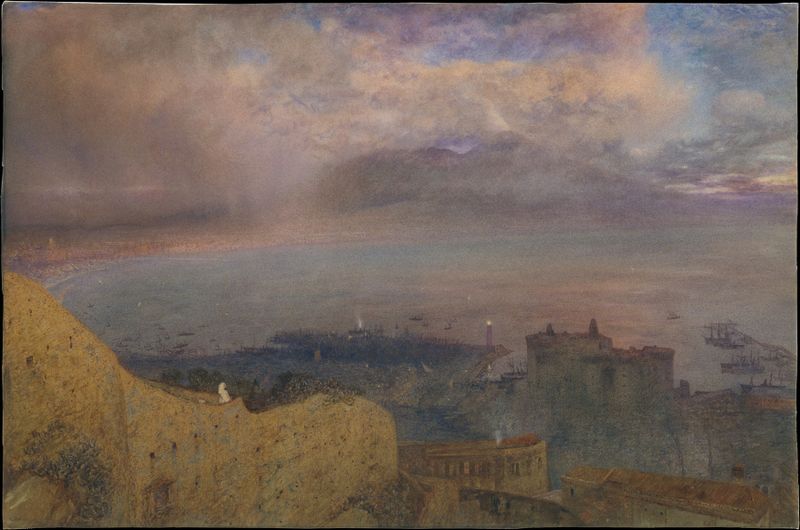 Oil on canvas by Alfred William Hunt depicting the Bay of Naples at twilight with Vesuvius and smoke.