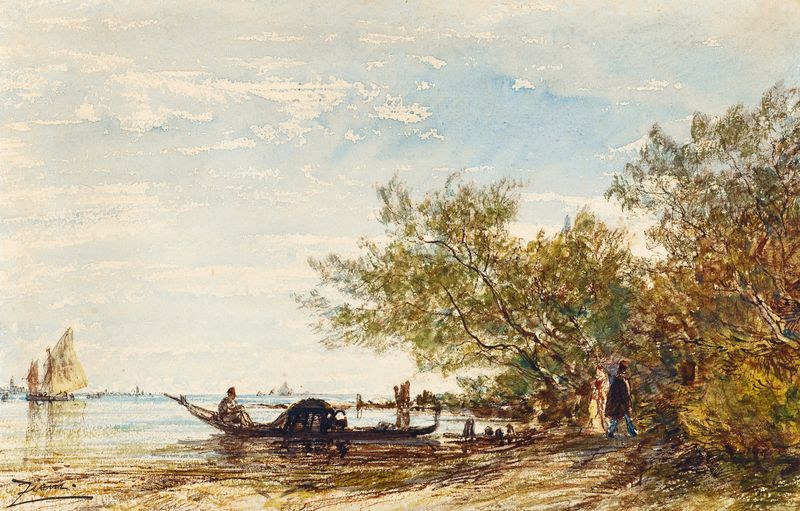 Paisagem com água e pôr do sol de Félix Ziem, pintura a óleo
