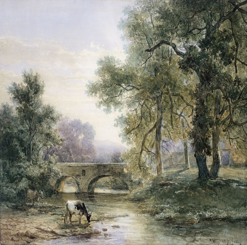 Landscape with a stone bridge over a river by Willem Roelofs, oil painting
