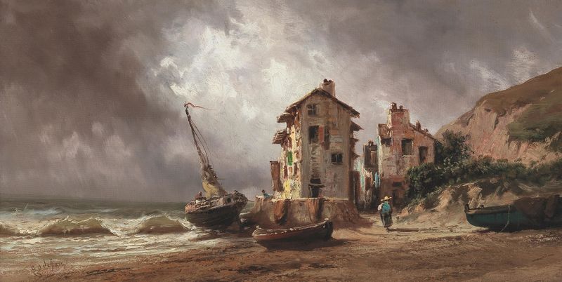 Pintura a óleo de paisagem de Alfred Godchaux mostrando um céu tempestuoso e uma figura solitária