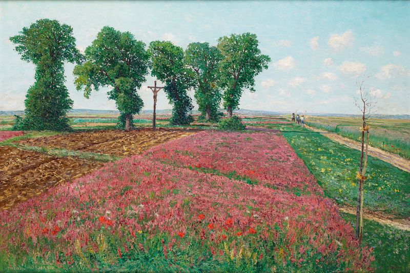 Landscape oil painting by Theodor Von Hörmann depicting a field with light and shadow.