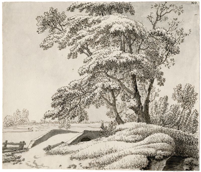 Paisagem com uma ponte sobre um riacho, árvores e pinceladas suaves de Barend Hendrik Thier, óleo sobre tela