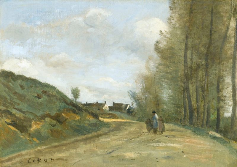 Paisaje con un camino y árboles, pintura al óleo de Jean-Baptiste-Camille Corot