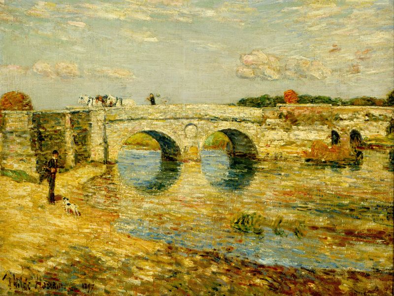 Bridge Over the Stour de Childe Hassam, óleo sobre lienzo que muestra un paisaje sereno con un puente y un río.