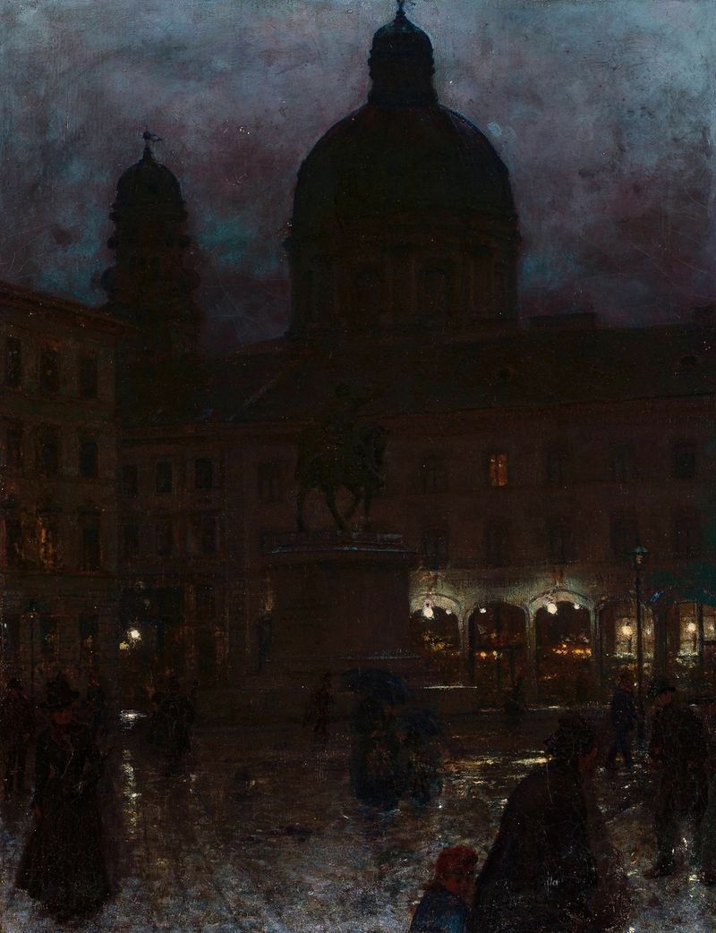 Night scene of Wittelsbacher Platz in Munich by Aleksander Gierymski, oil painting