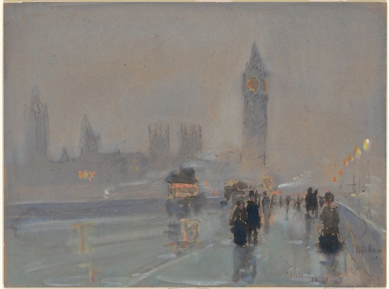 Big Ben de Childe Hassam, óleo sobre tela, apresentando uma torre do relógio proeminente em Londres