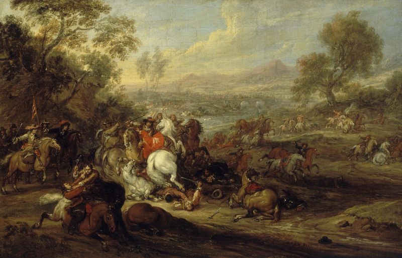 Cavalry battle scene by Adam Frans van der Meulen, oil painting