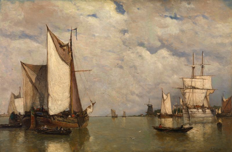 Calm before the Storm at Dordrecht by Paul Jean Clays, oil painting depicting a tranquil marine scene with a sailboat.