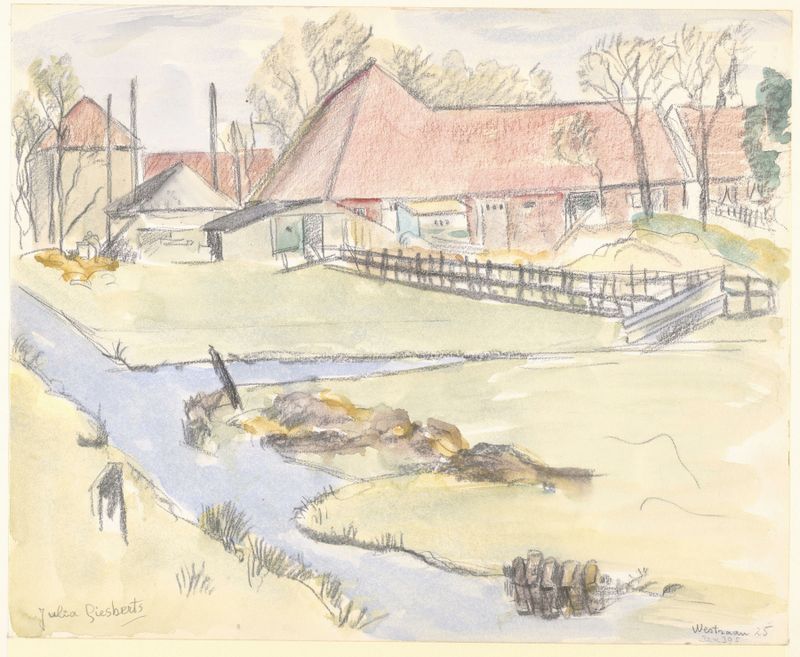 Landscape depicting a farmhouse and countryside by Julia Giesberts, oil painting