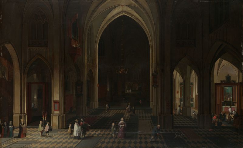 Interior de uma igreja gótica à noite, óleo sobre painel de Pieter Neeffs o Velho