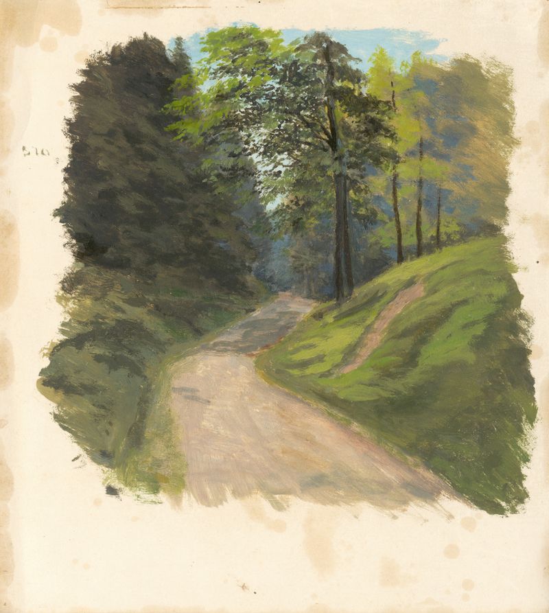 Mountain Road de Jan Nowopacký, óleo sobre tela, retratando um caminho sinuoso em uma paisagem montanhosa