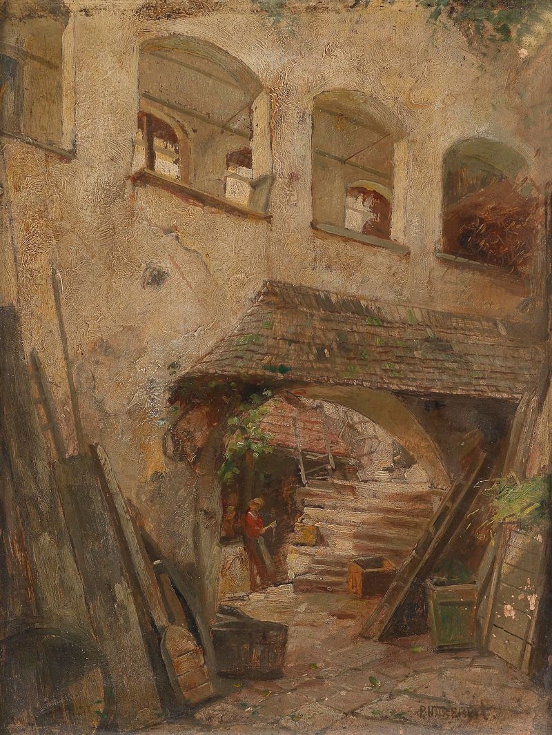 Courtyard scene with light and shadow, oil on canvas by Paul Unbereit
