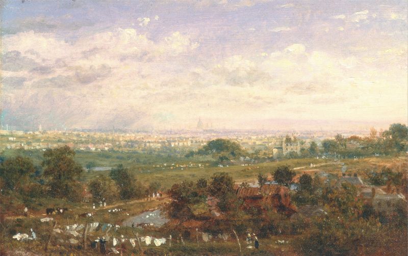 London from Islington Hill, oil on canvas by Frederick Nash, depicting a cityscape with rooftops and fog.